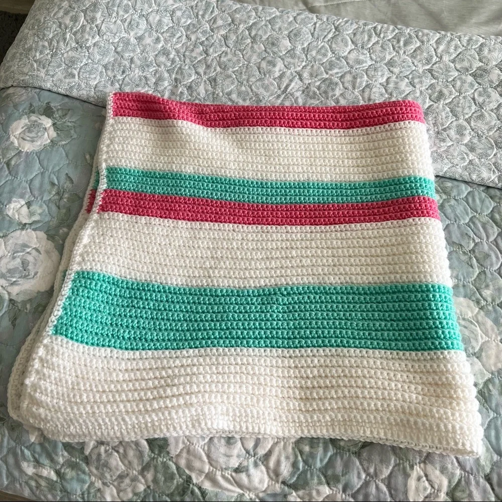 Afghan Blanket Throw Crochet Handmade Pastel Pink White Green Baby Blanket